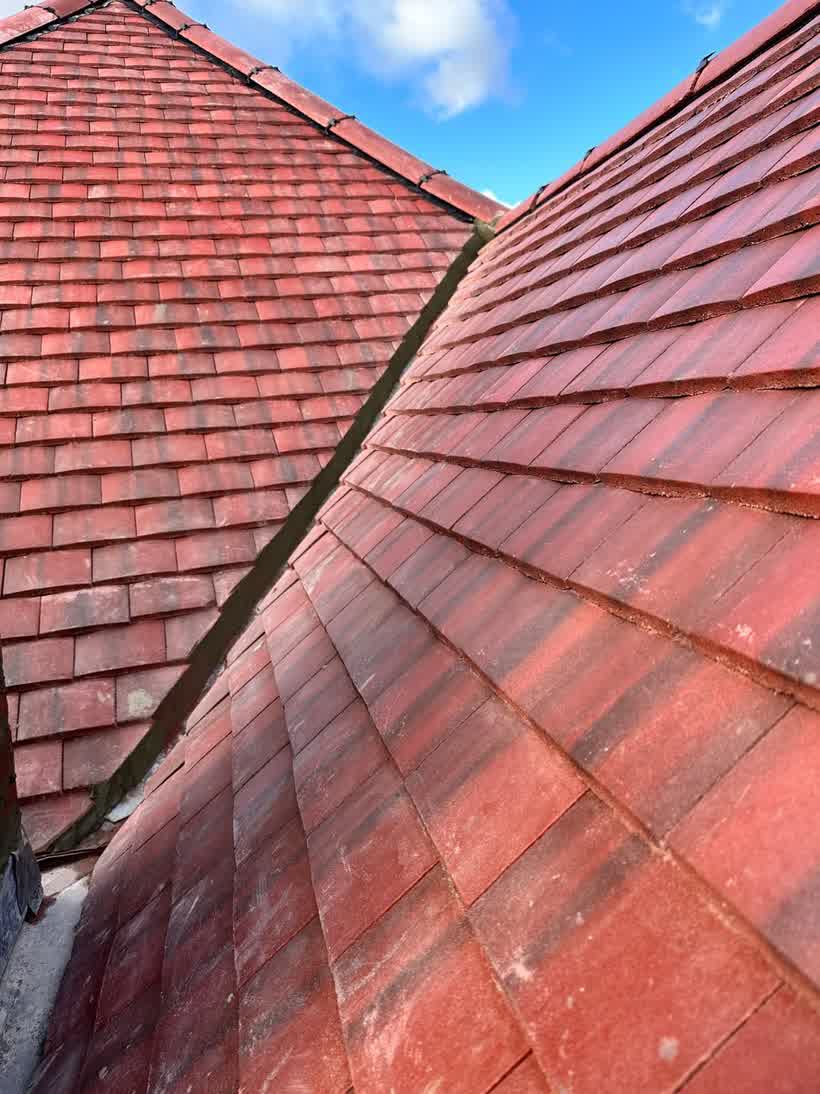 Two red tiled roof slopes meeting along a shared ridge