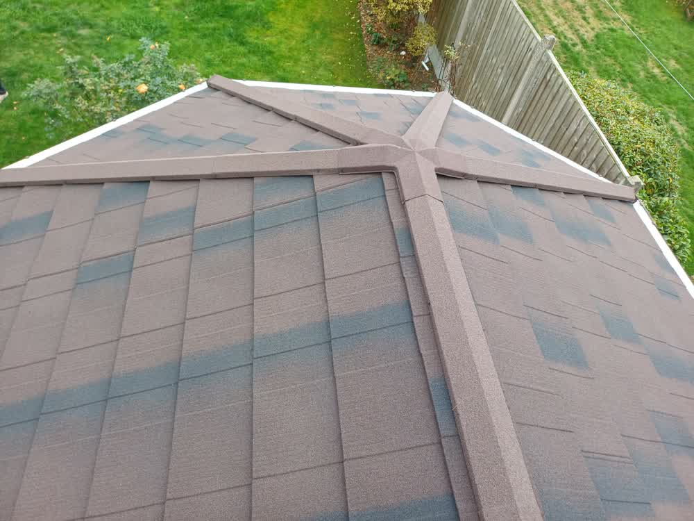 Tiled conservatory roof photographed from the garden